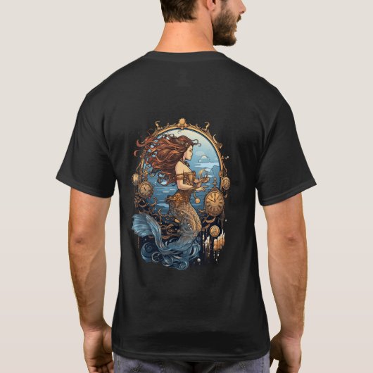 Steampunk Mermaid Image on a Black SS T-Shirt (Achterkant)