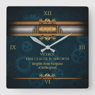 Steampunk, messing op donker blauwgroen tandwielen vierkante klok