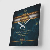 Steampunk, messing op donker blauwgroen tandwielen vierkante klok (Hoek)