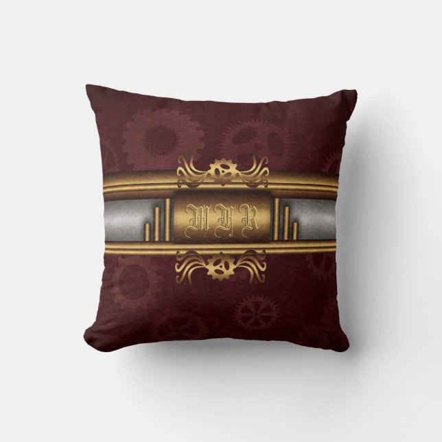 Steampunk, messing op kroontandwielen Monogram Kussen (Voorkant)
