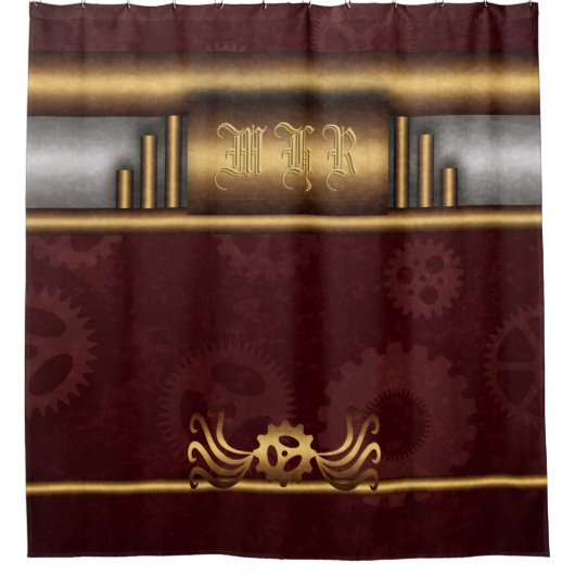 Steampunk, messing op tandwielen, monogram douchegordijn (Voorkant)