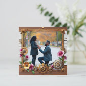 Steampunk metaal en hout gepersonaliseerde bruilof save the date (Staand voorkant)