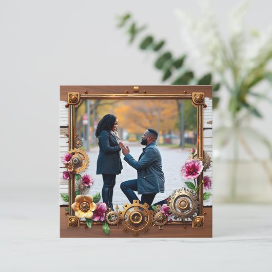 Steampunk metaal en hout gepersonaliseerde bruilof save the date (Staand voorkant)