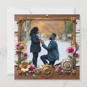 Steampunk metaal en hout gepersonaliseerde bruilof save the date (Voorkant)