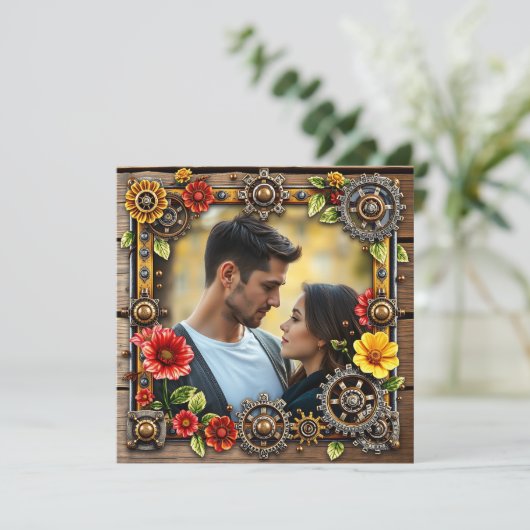 Steampunk metaal & hout gepersonaliseerde bruiloft save the date (Staand voorkant)