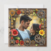 Steampunk metaal & hout gepersonaliseerde bruiloft save the date (Voorkant)