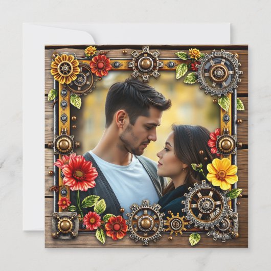 Steampunk metaal & hout gepersonaliseerde bruiloft save the date (Voorkant)