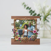 Steampunk metaal & hout gepersonaliseerde bruiloft save the date (Staand voorkant)