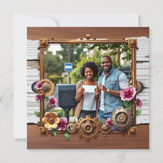 Steampunk metaal & hout gepersonaliseerde bruiloft save the date (Voorkant)