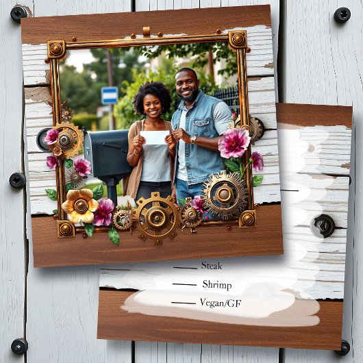 Steampunk metaal & hout gepersonaliseerde bruiloft save the date