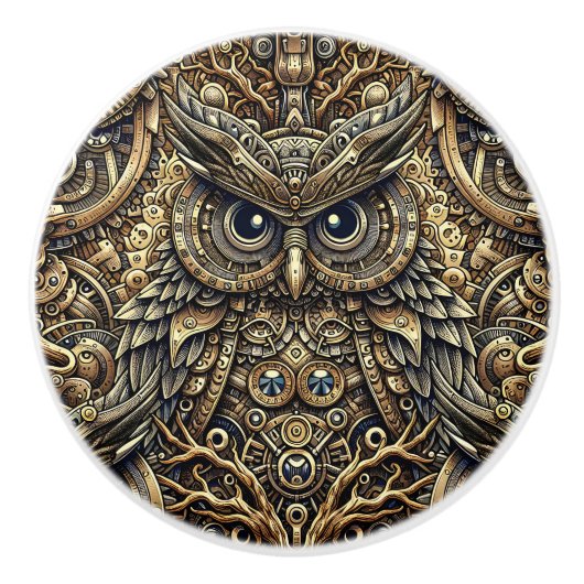 Steampunk Metal and Diamond Gold Owl Keramische Knop (Voorkant)