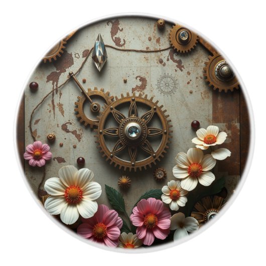 Steampunk Metal Flowers, Gears and Diamonds Keramische Knop (Voorkant)