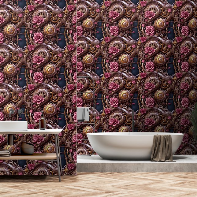 Steampunk Metal Gears en Roze Rozen Behang (Badkamer)