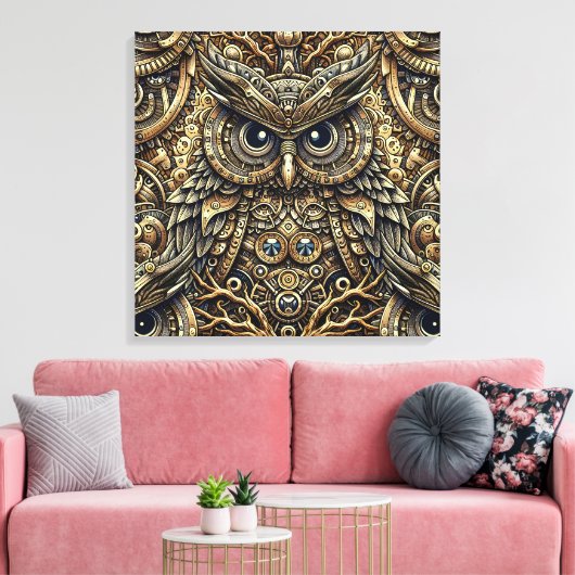 Steampunk Metal Gears en Uil Canvas Afdruk (Insitu (Woonkamer))