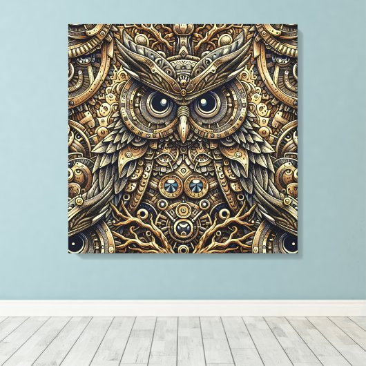 Steampunk Metal Gears en Uil Canvas Afdruk (Insitu (Houten vloer))