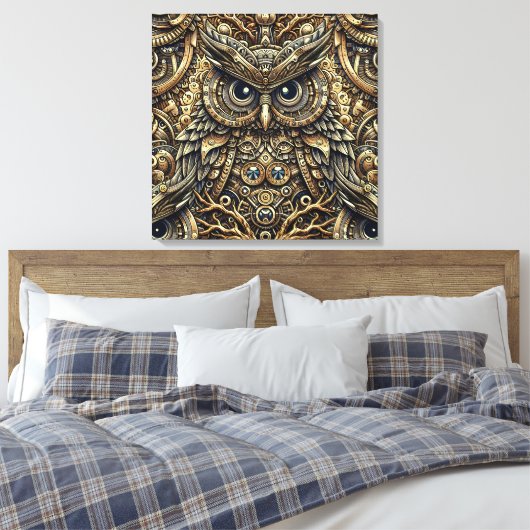 Steampunk Metal Gears en Uil Canvas Afdruk (Insitu (Slaapkamer))