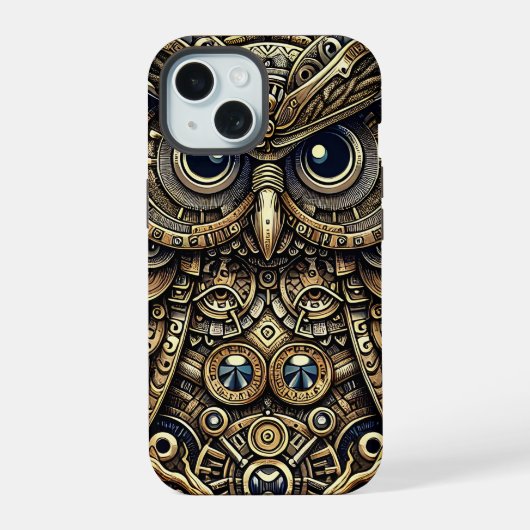 Steampunk Metal Gears en Uil iPhone 15 Case (Achterkant)