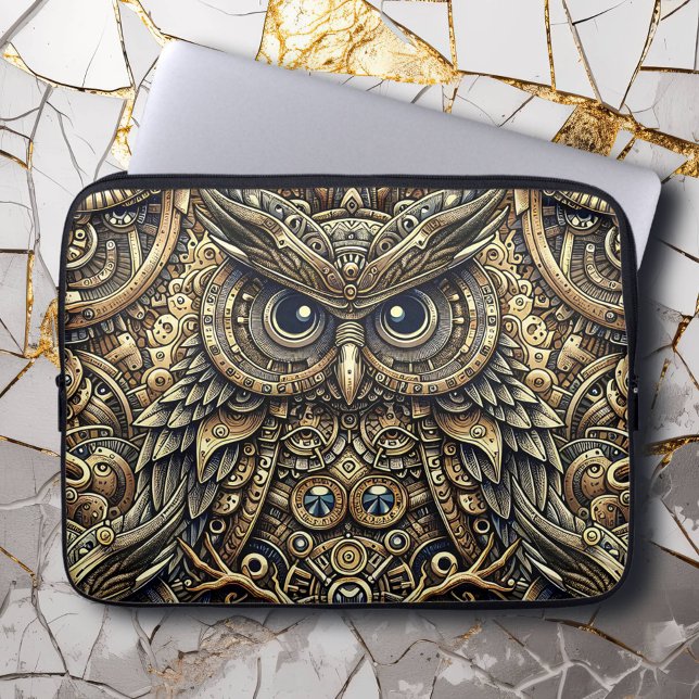 Steampunk Metal Gears en Uil Laptop Sleeve (Creator heeft geüpload)