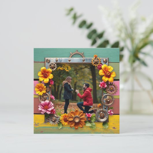 Steampunk Metalen Bloemen Gepersonaliseerde Huweli Save The Date (Staand voorkant)