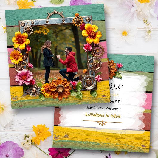 Steampunk Metalen Bloemen Gepersonaliseerde Huweli Save The Date