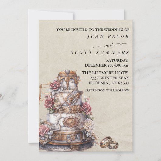 Steampunk Modern Simple Cake Rings Wedding Kaart (Voorkant)