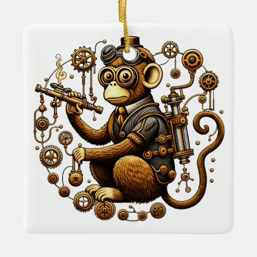 Steampunk Monkey met Ray Pistool Keramisch Ornament (Voorkant)