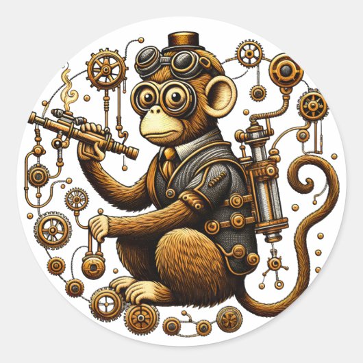 Steampunk Monkey met Ray Pistool Ronde Sticker (Voorkant)