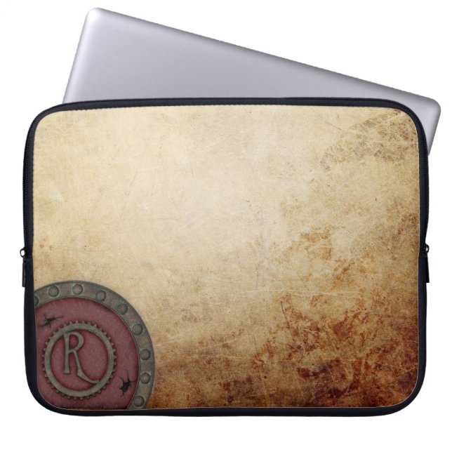 Steampunk Monogrammed R Electronics Bag Port Wine Laptop Sleeve (Voorkant)