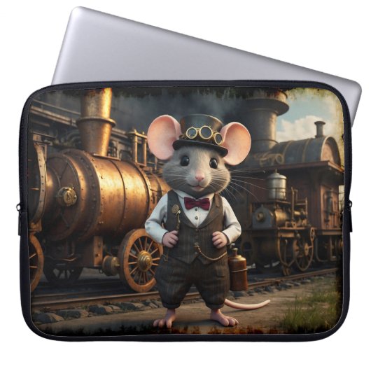 Steampunk Muis en Trein Laptop Sleeve (Voorkant)