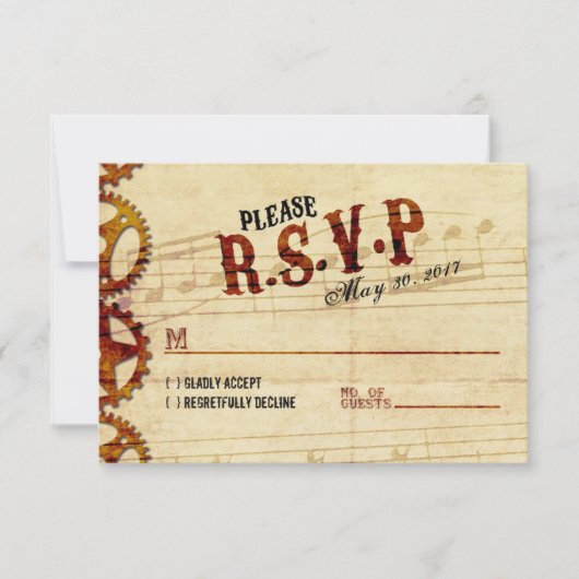Steampunk Musical Wedding RSVP Kaart (Voorkant)