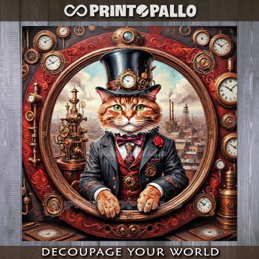 Steampunk noble red cat in a frame - Decoupage  Inpakpapier Vel