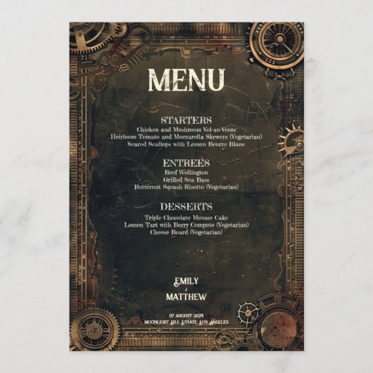 Steampunk Noir Affair Bruiloft Menu (Voorkant)