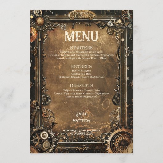 Steampunk Noir Affair Bruiloft Menu (Voorkant)