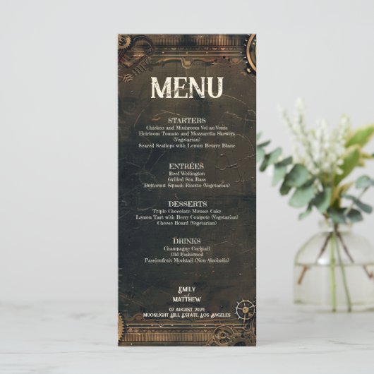 Steampunk Noir Affair Bruiloft Menu (Staand voorkant)