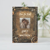 Steampunk Noir Affair Bruiloft Save The Date (Staand voorkant)