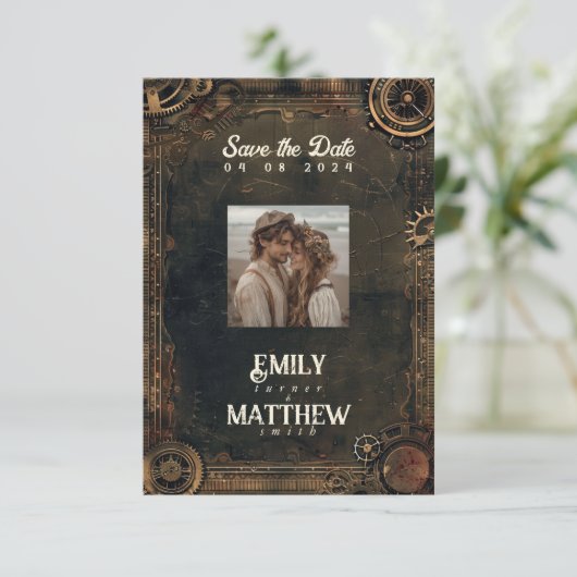 Steampunk Noir Affair Bruiloft Save The Date (Staand voorkant)