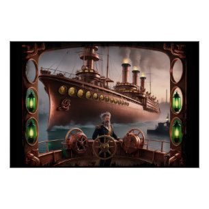 Steampunk Ocean-liner Leaves Dock Perfect Poster