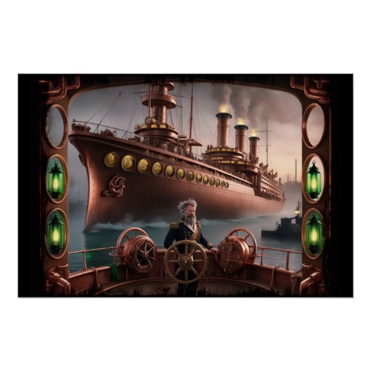Steampunk Ocean-liner Leaves Dock Perfect Poster (Voorkant)