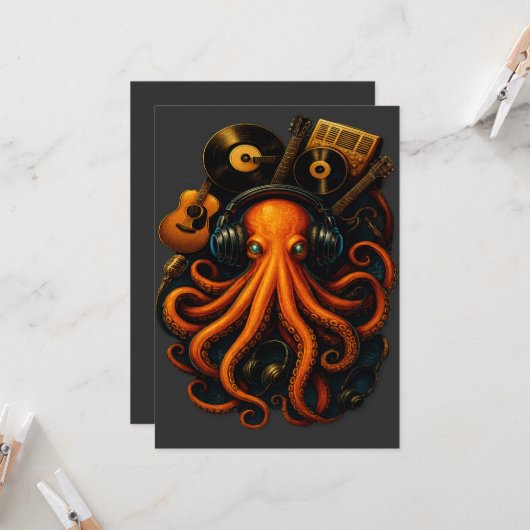 Steampunk Octopus Art Print – Musical Illu Kaart (Voorkant / Achterkant in situ)