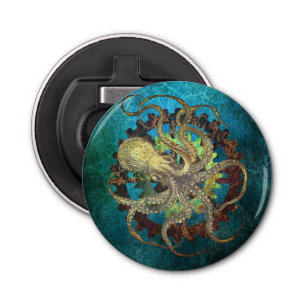 Steampunk Octopus & Clockwork Gears Button Flesopener