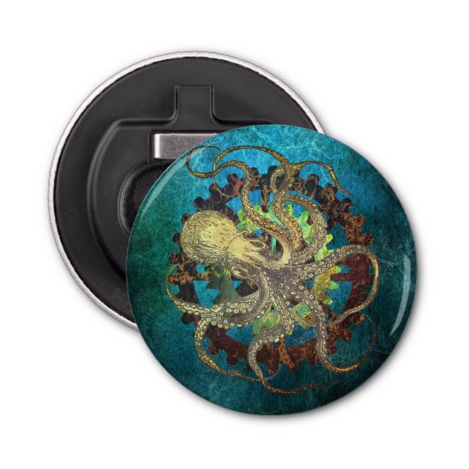 Steampunk Octopus & Clockwork Gears Button Flesopener (Voorkant)