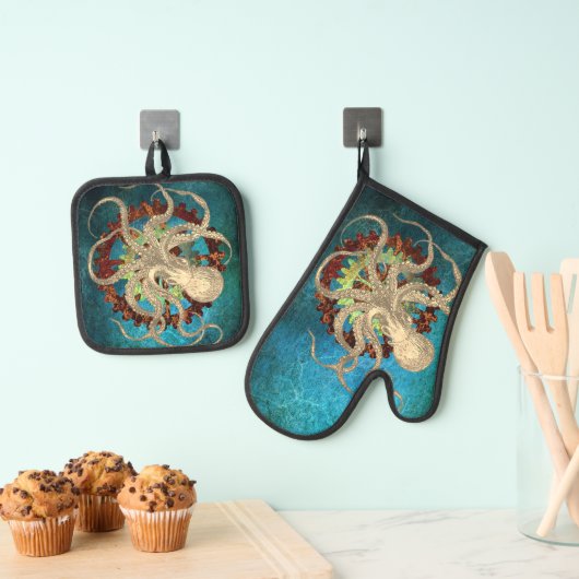 Steampunk Octopus & Clockwork Ovenwant & Pannenlap Set (Insitu(Ophanging))