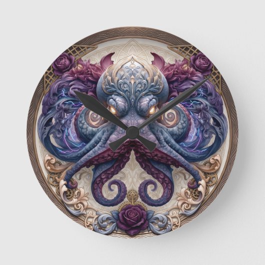 Steampunk Octopus Embleem met Paarse Rozen Ronde Klok (Voorkant)