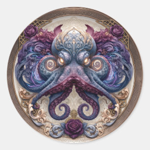 Steampunk Octopus Embleem met Paarse Rozen Ronde Sticker