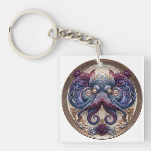 Steampunk Octopus Embleem met Paarse Rozen Sleutelhanger