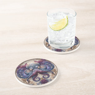 Steampunk Octopus Embleem met Paarse Rozen Zandsteen Onderzetter