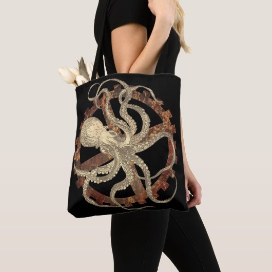 Steampunk Octopus & Rusty Clockwork Gear Tote Bag (Dichtbij)