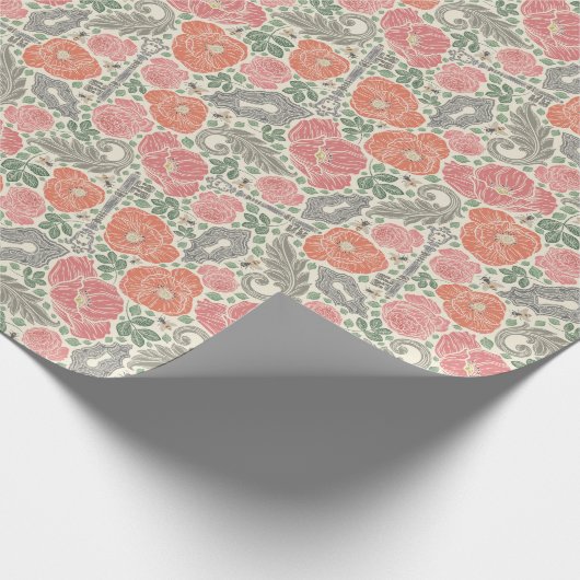  Steampunk Old Lock Key Red Poppy Cadeaupapier (Hoek)