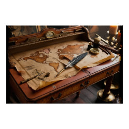 Steampunk Olde Wereldkaart en -bureau Perfect Poster