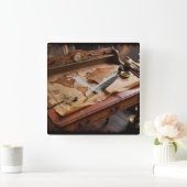 Steampunk Olde Wereldkaart en -bureau Vierkante Klok (Huis)